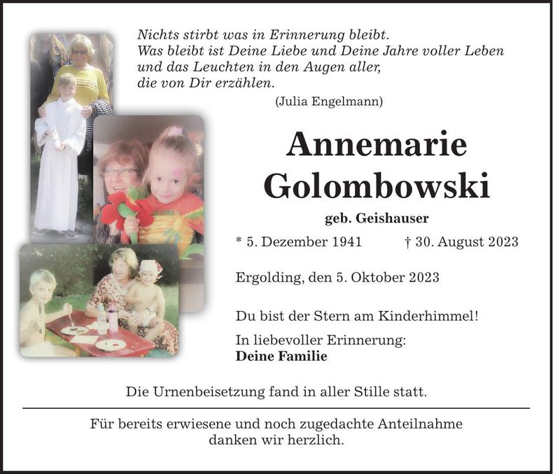 Traueranzeige Annemarie Golombowski