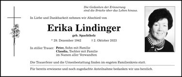 Traueranzeige Erika Lindinger