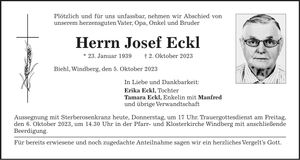Traueranzeige Josef Eckl
