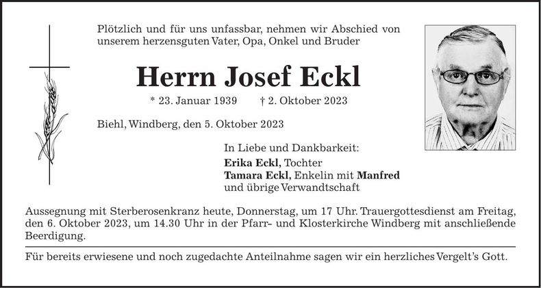 Traueranzeige Josef Eckl