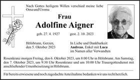Traueranzeige Adolfine Aigner
