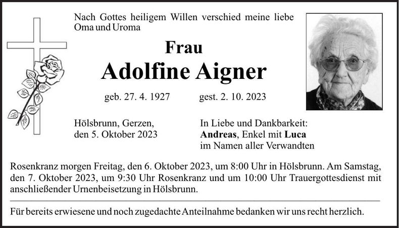 Traueranzeige Adolfine Aigner