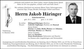 Traueranzeige Jakob Häringer