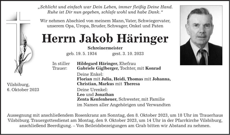 Traueranzeige Jakob Häringer