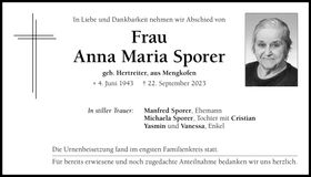 Traueranzeige Anna Maria Sporer