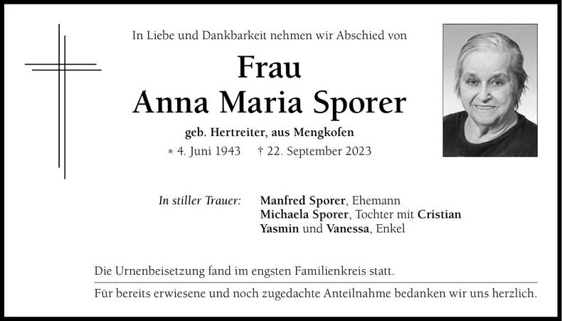 Traueranzeige Anna Maria Sporer