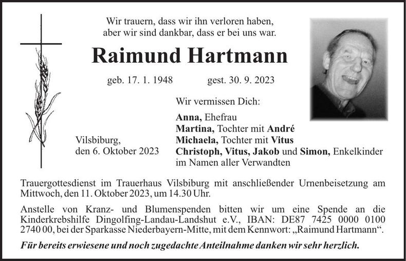 Traueranzeige Raimund Hartmann