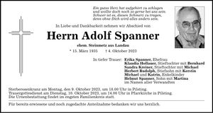 Traueranzeige Adolf Spanner