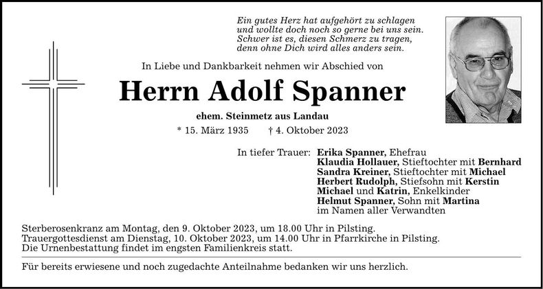 Traueranzeige Adolf Spanner