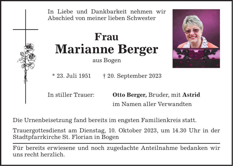 Traueranzeige Marianne Berger