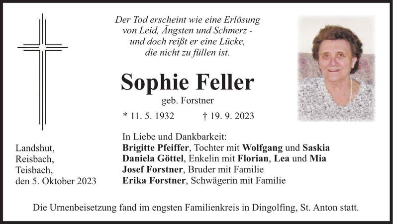 Traueranzeige Sophie Feller