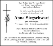 Traueranzeige Anna Siegschwert