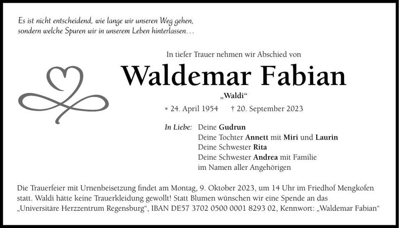 Traueranzeige Waldemar Fabian