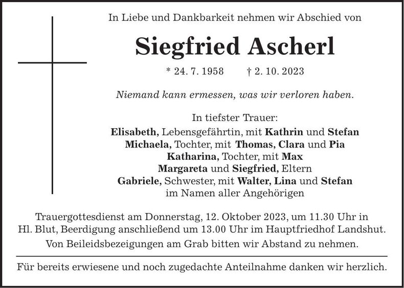 Traueranzeige Siegfried Ascherl