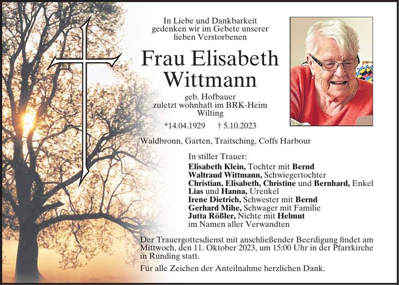 Traueranzeige Elisabeth Wittmann