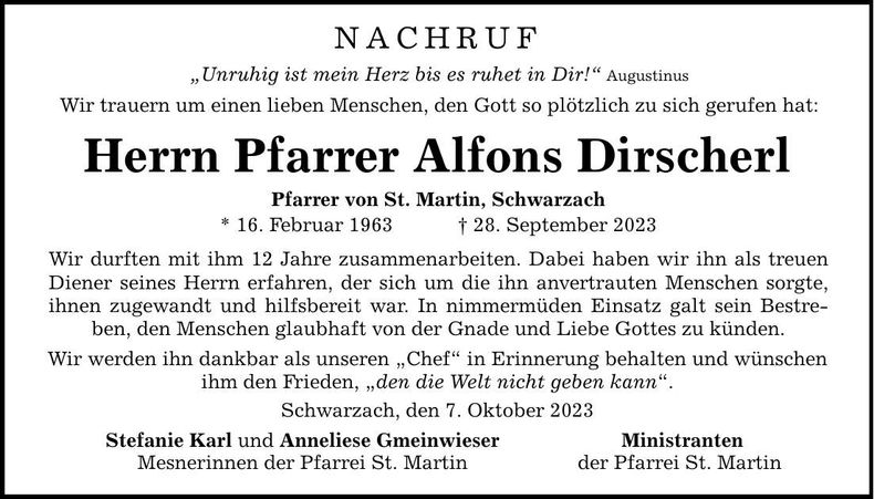 Traueranzeige Alfons Pfarrer Dirscherl