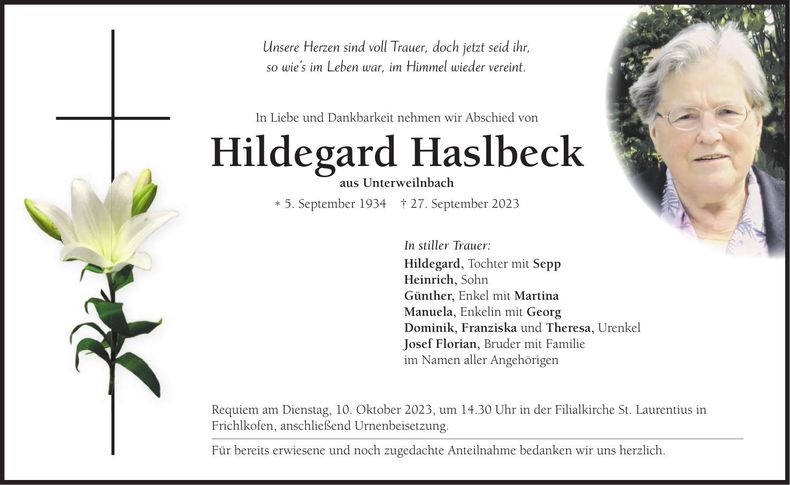 Traueranzeige Hildegard Haslbeck