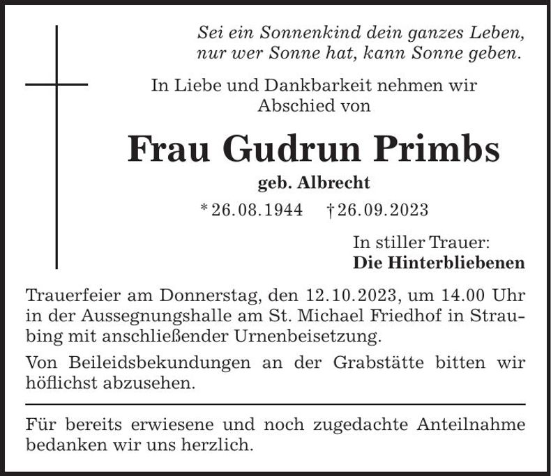 Traueranzeige Gudrun Primbs