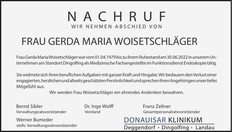 Traueranzeige Gerda Maria Woisetschläger