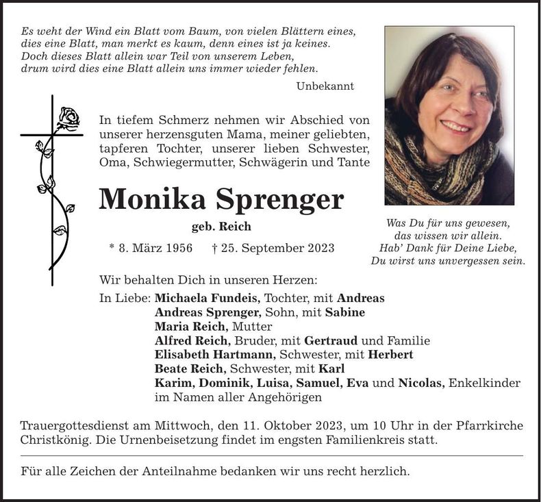 Traueranzeige Monika Sprenger