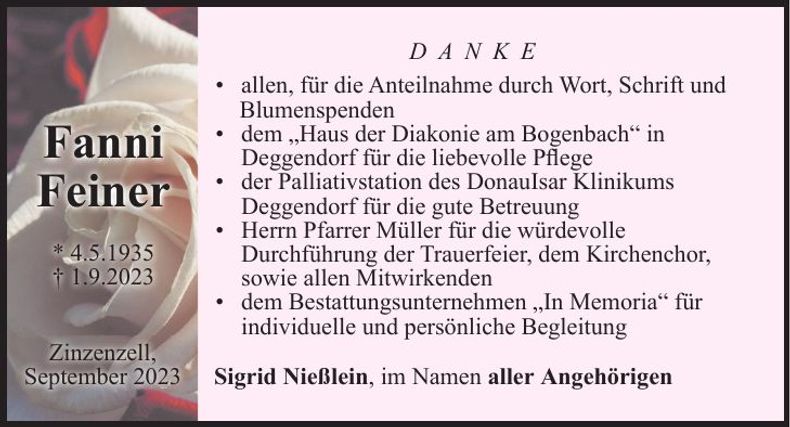 Traueranzeige Fanni Feiner
