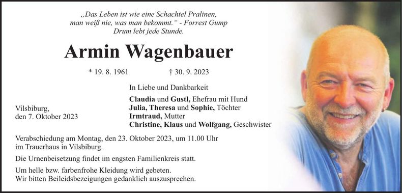Traueranzeige Armin Wagenbauer