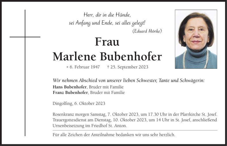 Traueranzeige Marlene Bubenhofer