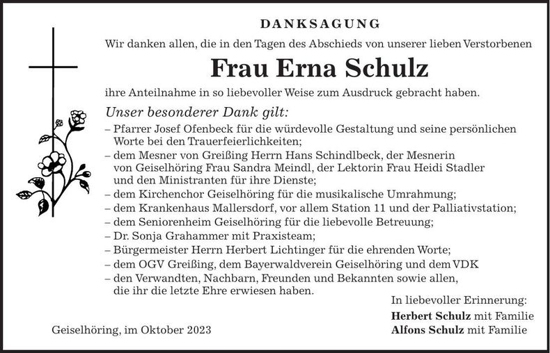 Traueranzeige Erna Schulz