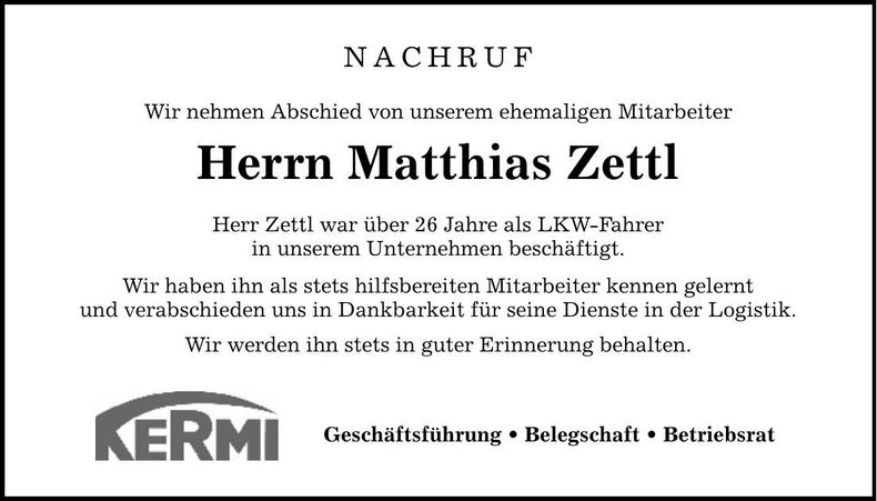 Traueranzeige Matthias Zettl