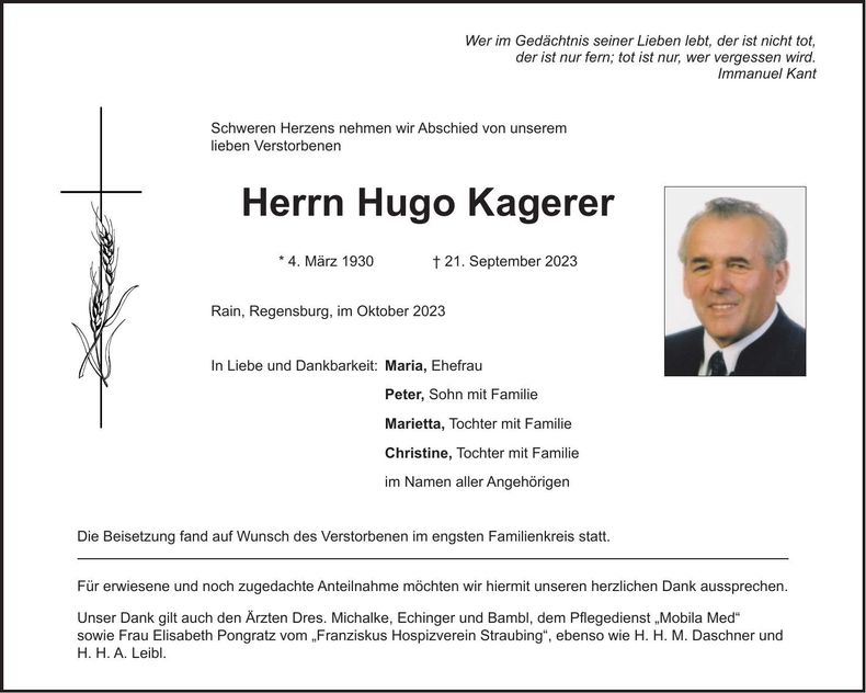 Traueranzeige Hugo Kagerer