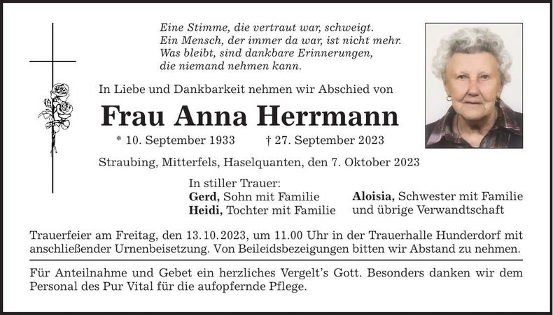 Traueranzeige Anna Herrmann