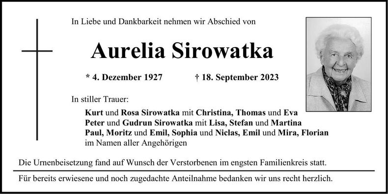 Traueranzeige Aurelia Sirowatka