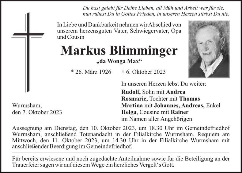 Traueranzeige Markus Blimminger