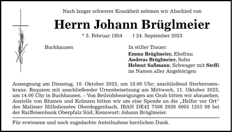 Traueranzeige Johann Brüglmeier