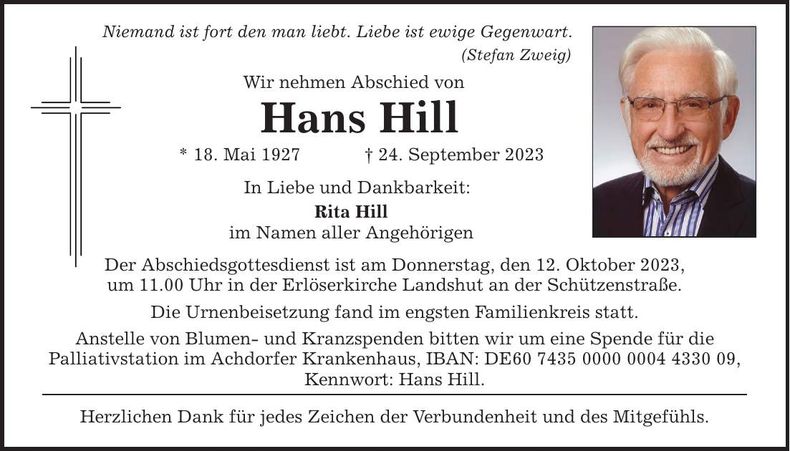 Traueranzeige Hans Hill