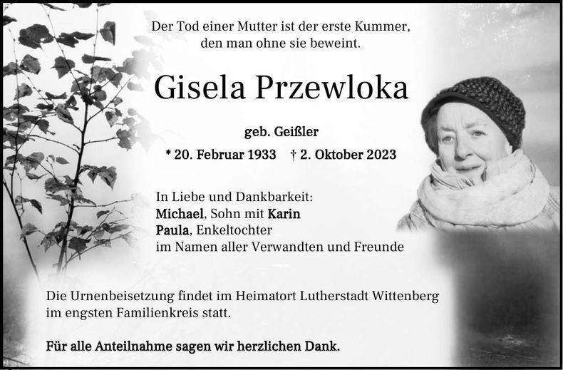 Traueranzeige Gisela Przewloka
