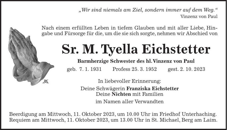 Traueranzeige Sr. M. Tyella Eichstetter
