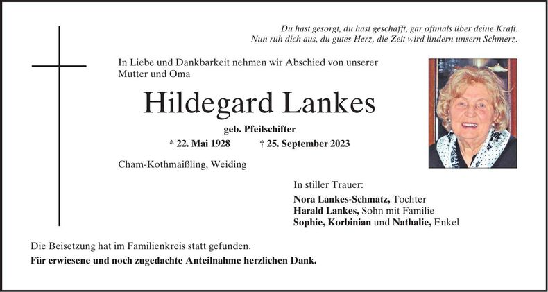Traueranzeige Hildegard Lankes