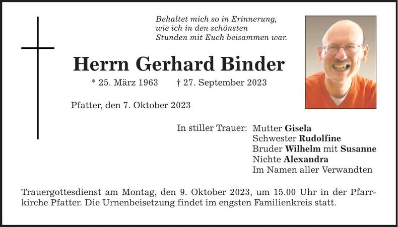 Traueranzeige Gerhard Binder