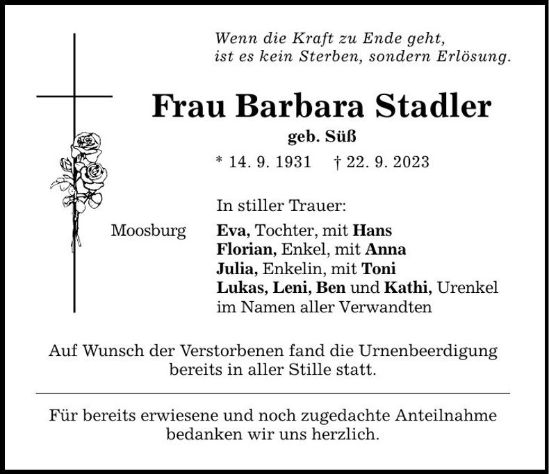 Traueranzeige Barbara Stadler