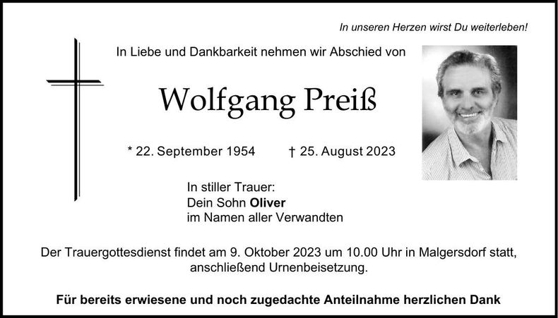 Traueranzeige Wolfgang Preiß