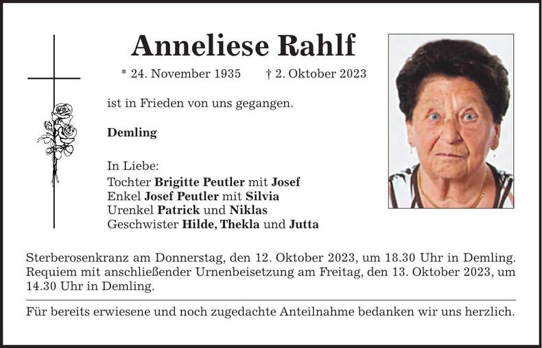 Traueranzeige Anneliese Rahlf