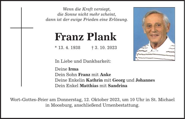 Traueranzeige Franz Plank