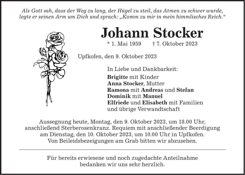 Traueranzeige Johann Stocker