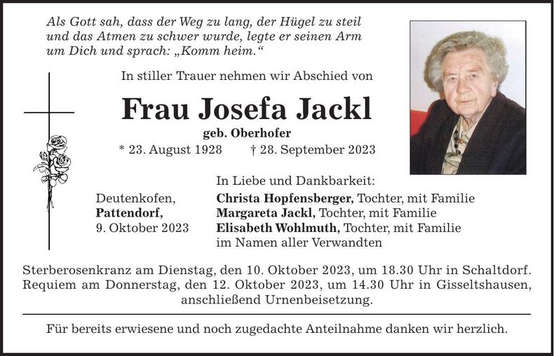 Traueranzeige Josefa Jackl
