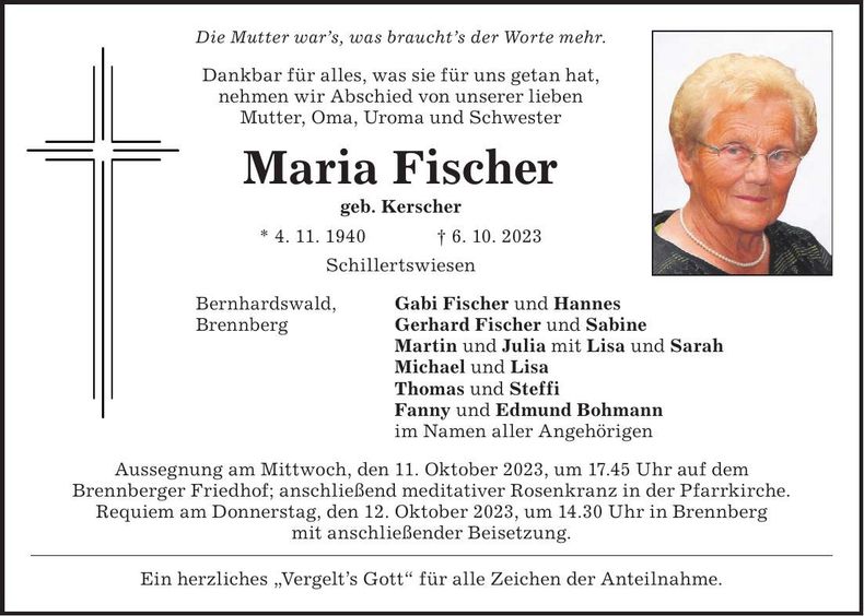 Traueranzeige Maria Fischer