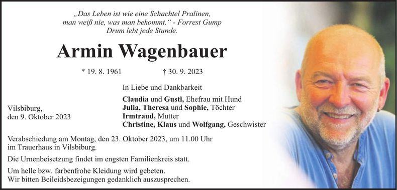 Traueranzeige Armin Wagenbauer