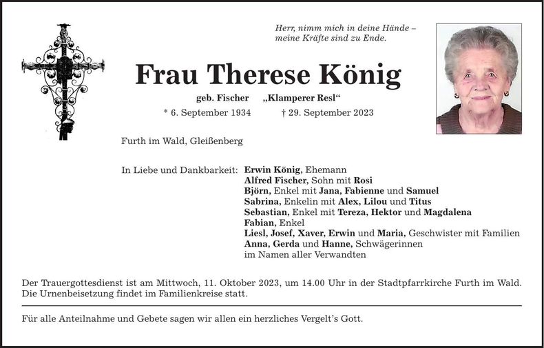 Traueranzeige Therese König