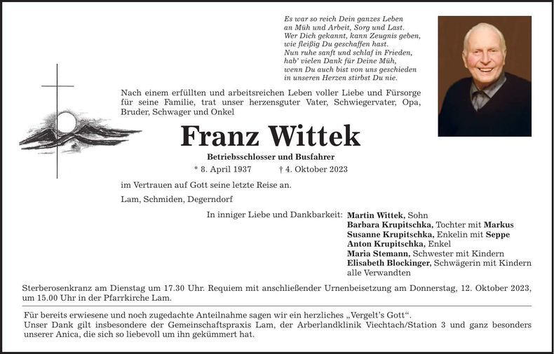 Traueranzeige Franz Wittek