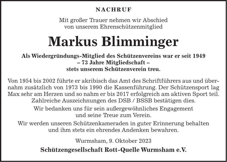 Traueranzeige Markus Blimminger